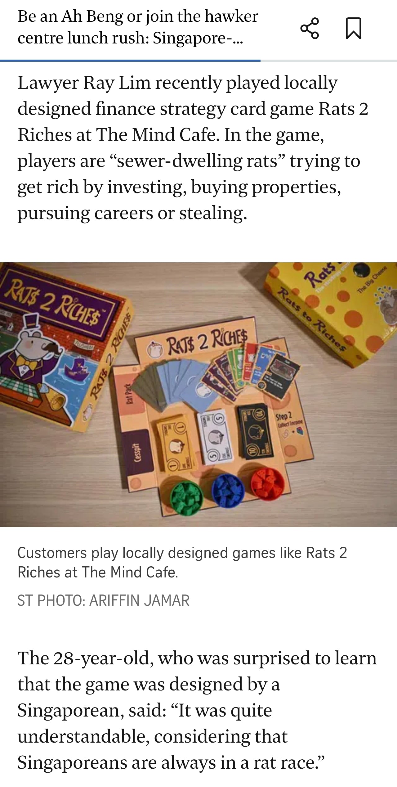 Board game 'Rats 2 Riches' with game pieces on a wooden surface, surrounded by text about the game and its designer.