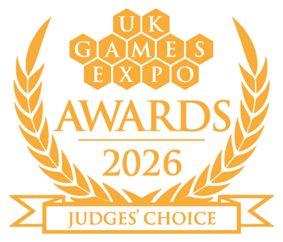 A gold and orange graphic badge for the UK Games Expo Awards 2026 Judges' Choice, featuring a laurel wreath and honeycomb logo on a white background.